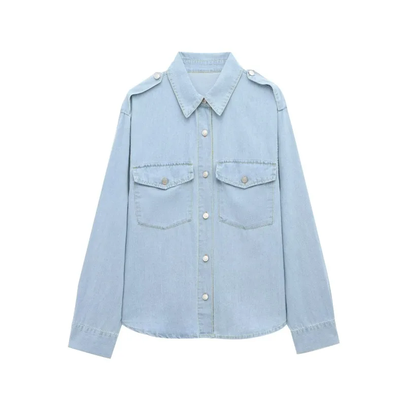 

TRAFZR Women Denim Shirt Long Sleeve Washed Casual Button Down Shirt Spring Streetwear Daily Outfit with Pocket Details