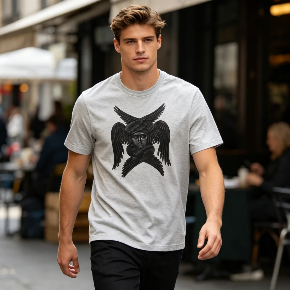 Men's Mystical Seraphim Angel Graphic Shirt Black Biblical Multi-Winged Print Casual Tee Dark Gothic Occult Aesthetic Cotton Top