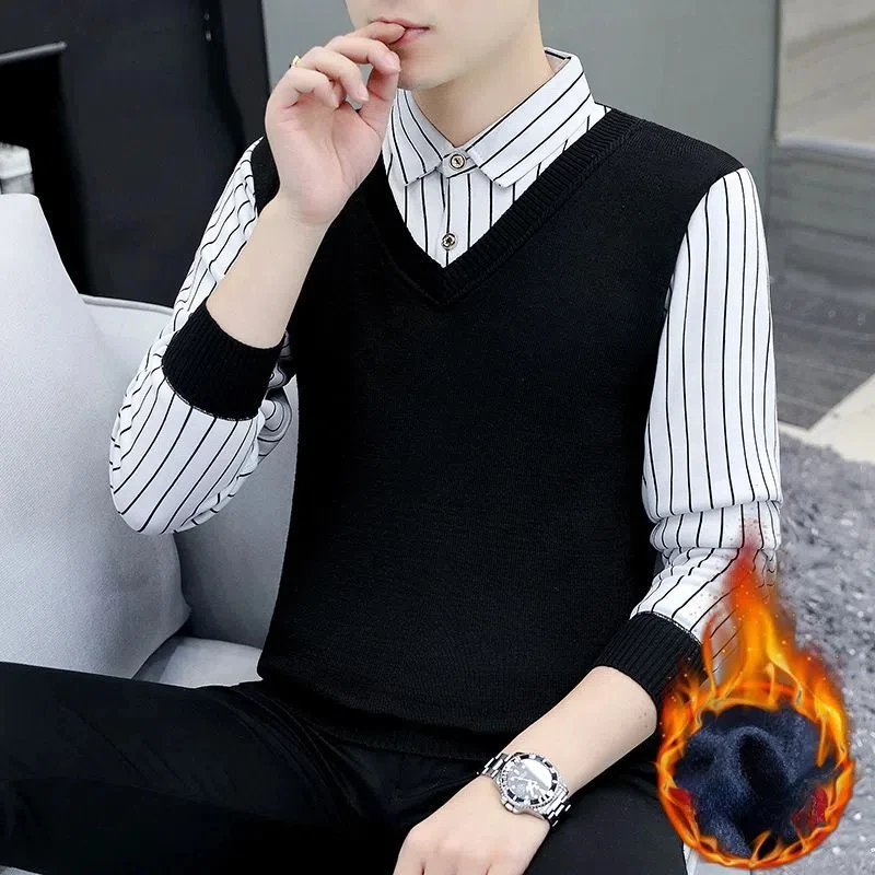 

Fake Two Pieces Autumn Turn-down Colla Pullover Striped Button Contrast Color Lantern Long Sleeve Men's Clothing Tops JJ919