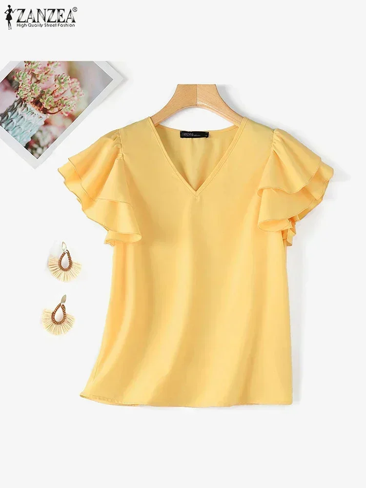 

ZANZEA 2025 Summer Women Party Blouse Vintage Elegant Ruffle Sleeve V-nekc Tops Korean Fashion Solid Shirt Tunic Loose Blusas