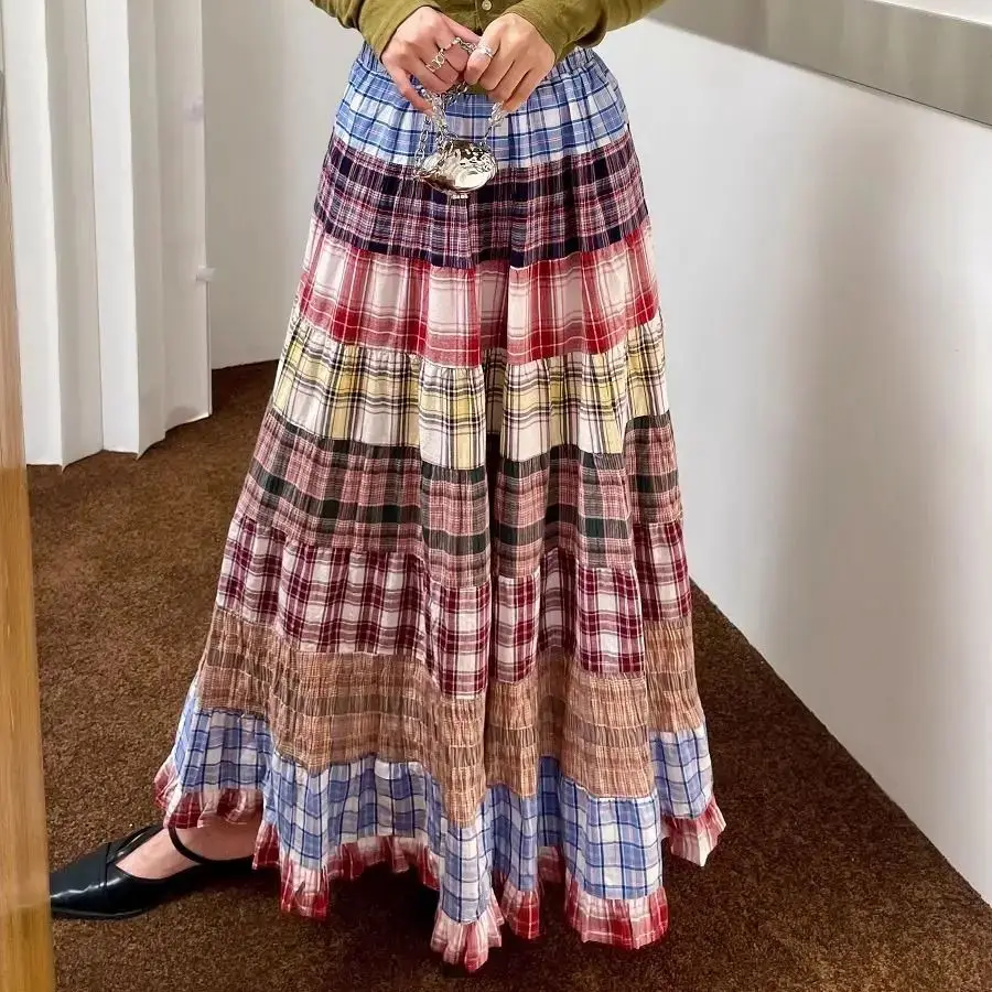 

Design Sense Skirt Vintage Skirts For Women Plaid Stitching Design Aesthetics High Waist Long Skirt Spring All Match Loose