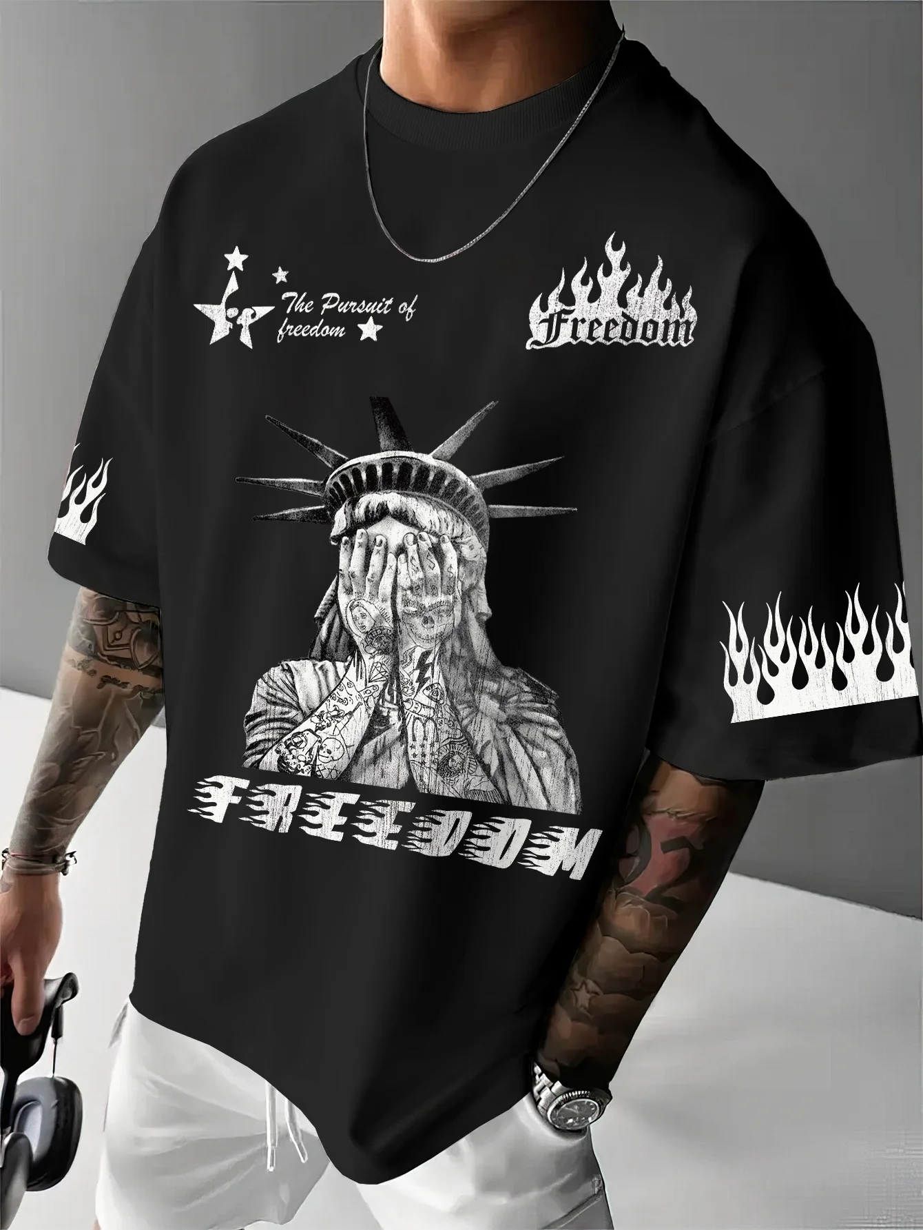 New American Summer Men's Retro Statue of Liberty Letter Print Comfortable and Breathable Round Neck T-Shirt Outdoor Street Top