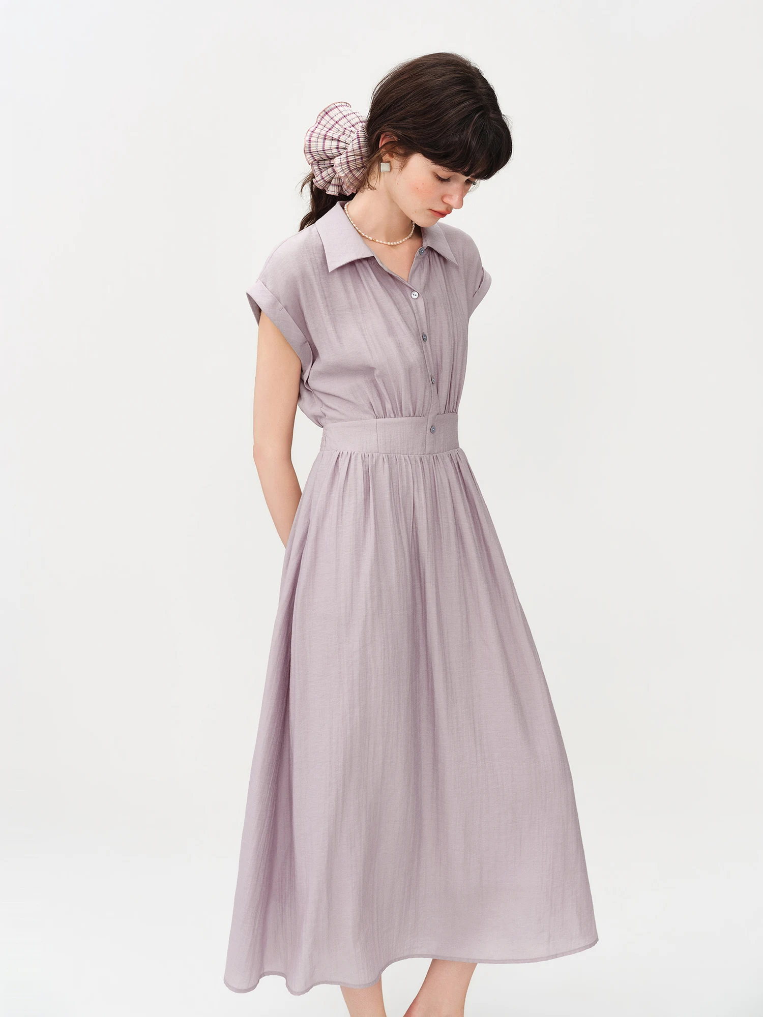 FSLE Sleeveless Turn-Up Collar Fitted Waist A-Line Lyon Fabric Dress Mid-Length Summer 2026 New Arrival Linen High-waisted Dress