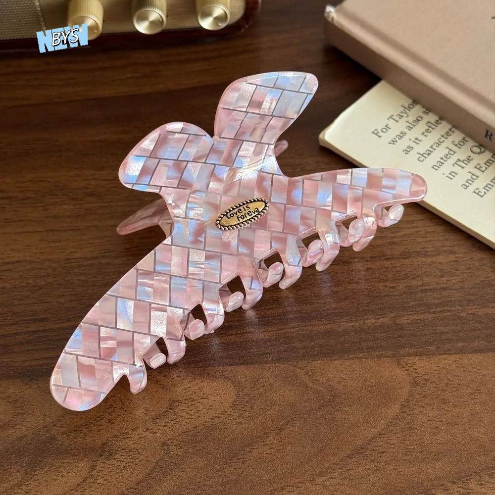

Cute Butterfly Pink Plaid Hair Claw Acrylic PVC Checkered Hair Clip Korean Style Headdress Cloud Shark Clip Girl