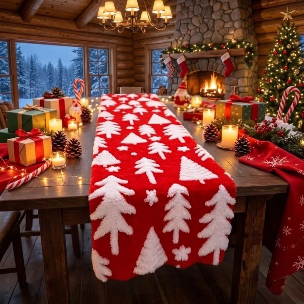 Practical Soft Christmas Tree Print Table Runner Reusable Rectangular Holiday Table Flat Festival Dinning Table Cover Winter