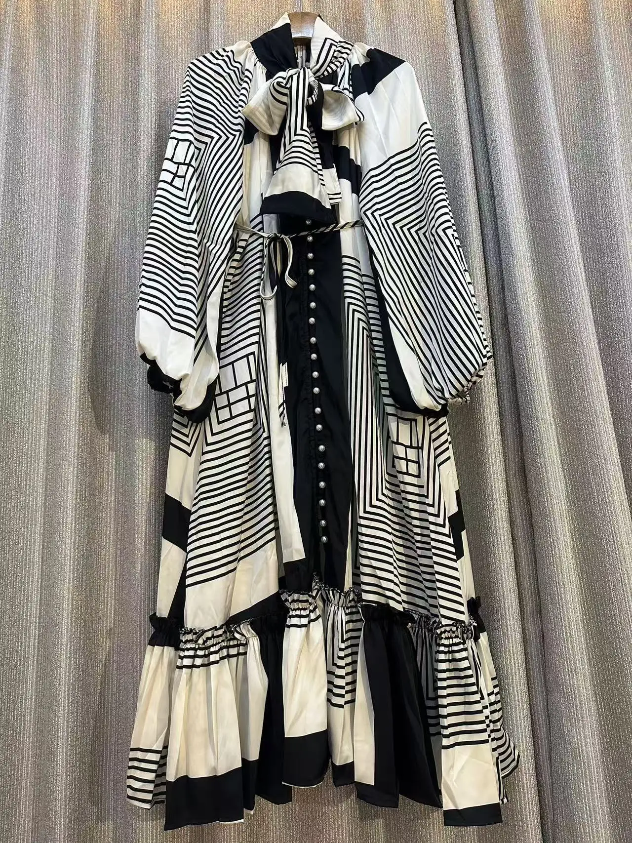 Fashion Loose Single Breasted Lace Up Dress Lantern Sleeve High Quality Maxi Dresses for Women Spring Autumn Print Design Stripe
