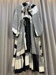 Fashion Loose Single Breasted Lace Up Dress Lantern Sleeve High Quality Maxi Dresses for Women Spring Autumn Print Design Stripe