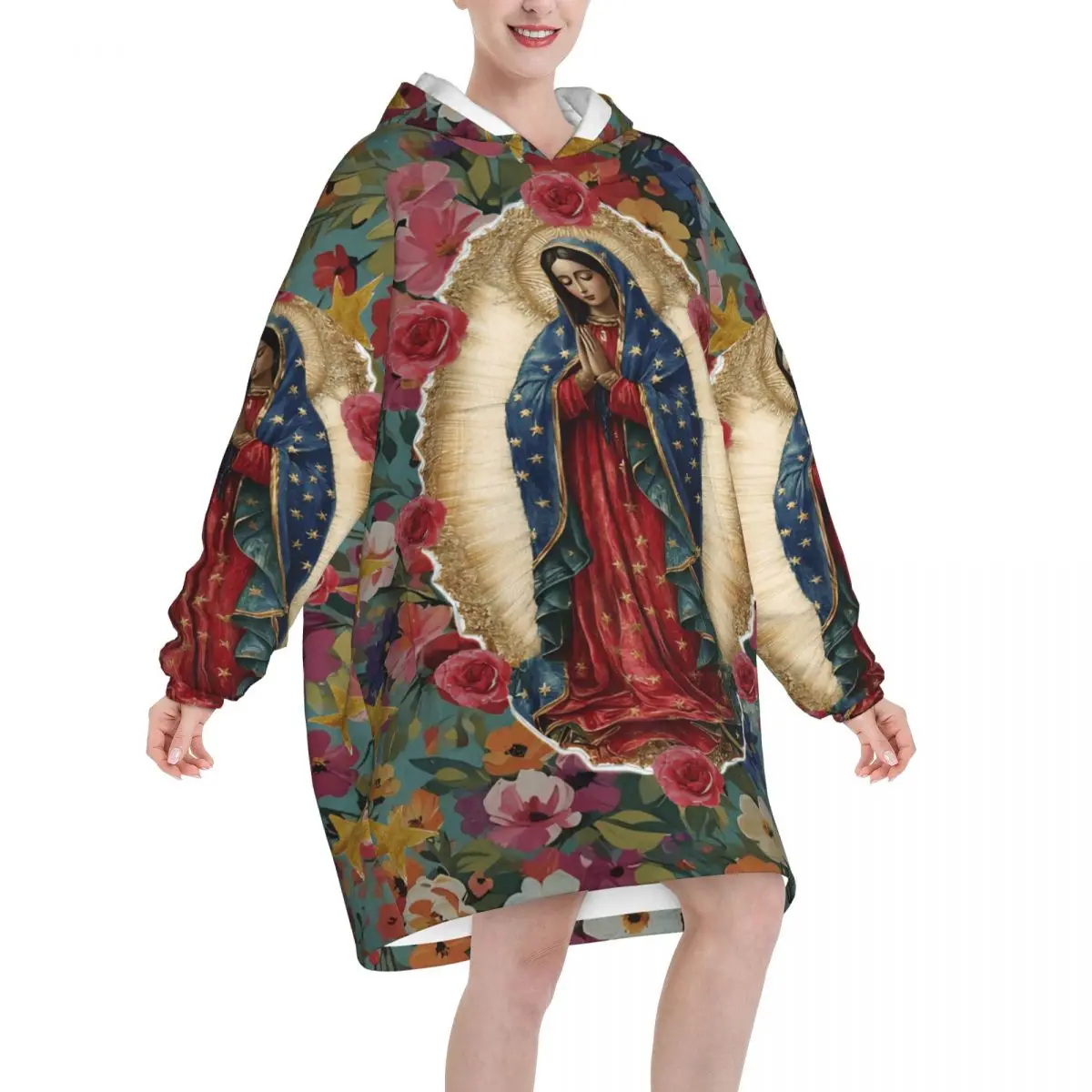 Oversized Virgin Our Lady Of Guadalupe Mexican Wearable Blanket Winter Ultrasoft Plush Warm Sweatshirt Blankets With Pocket