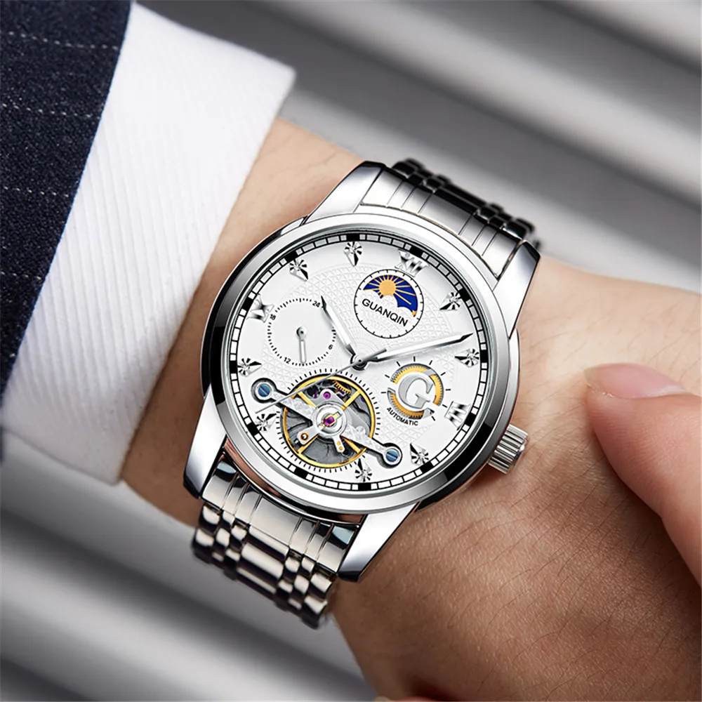 GUANQIN Mechanical Tourbillon Automatic Men Wrist Watch Waterproof Stainless Steel Man Wristwatch Sapphire Moon Phase Clock