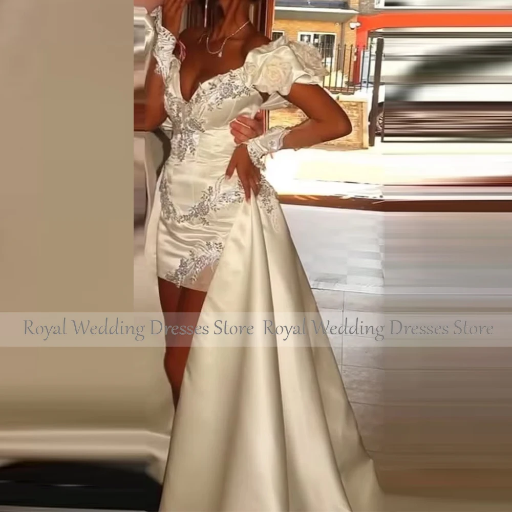 Modern Ivory Mini Short Wedding Dress For Women Off The Shoulder Wedding Gown Above Knee Length Bridal Gown — 2