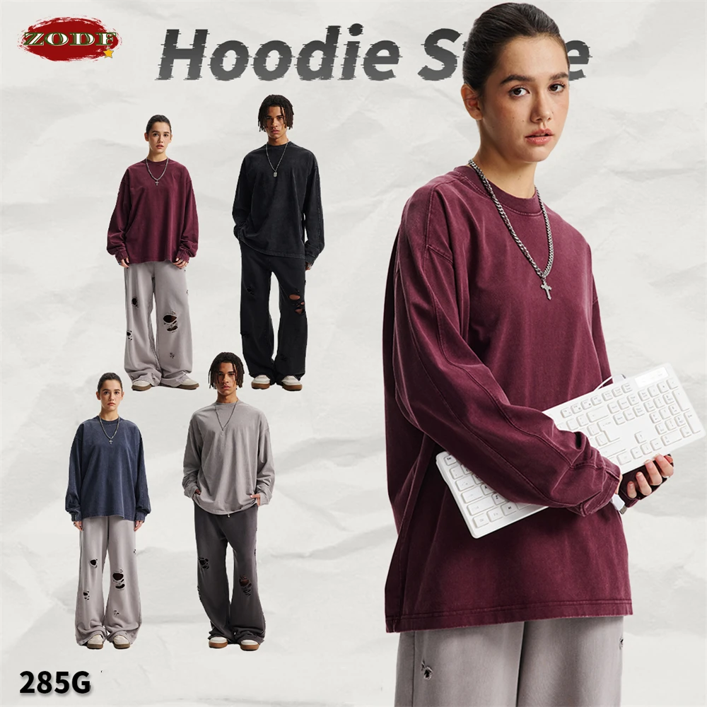 ZODF ريترو 285gsm الباتيك غسلها القطن رجل تي شيرت للجنسين الصلبة فضفاض المتعثرة المرقعة كم كامل تي شيرت بلايز HY1161