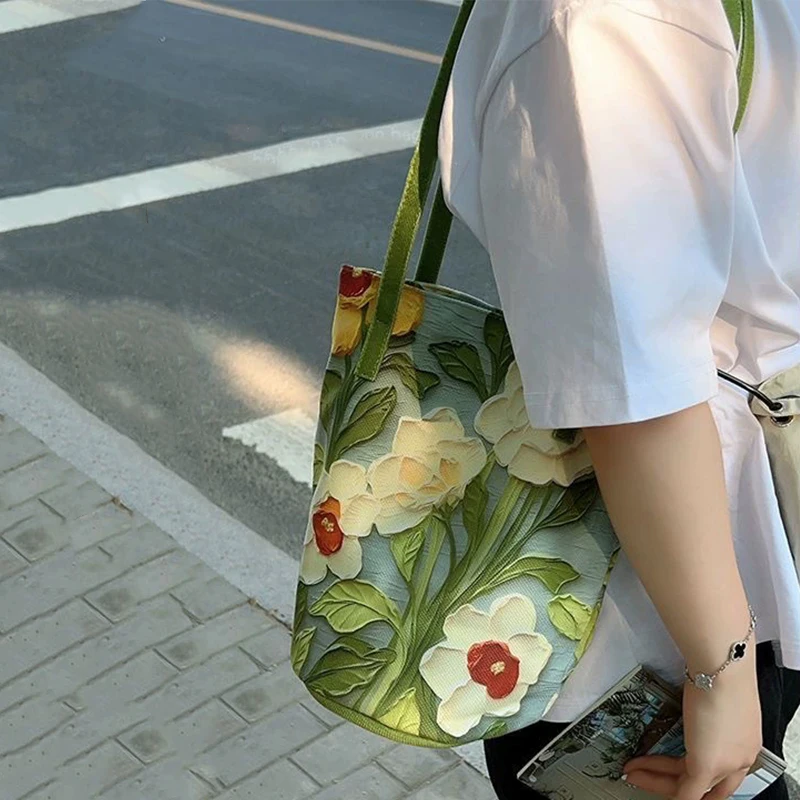Neue Mode Blumenmuster Eimer Tasche Leinwand Casual Umhängetasche Große Kapazität Kreative Handtasche für Frauen
