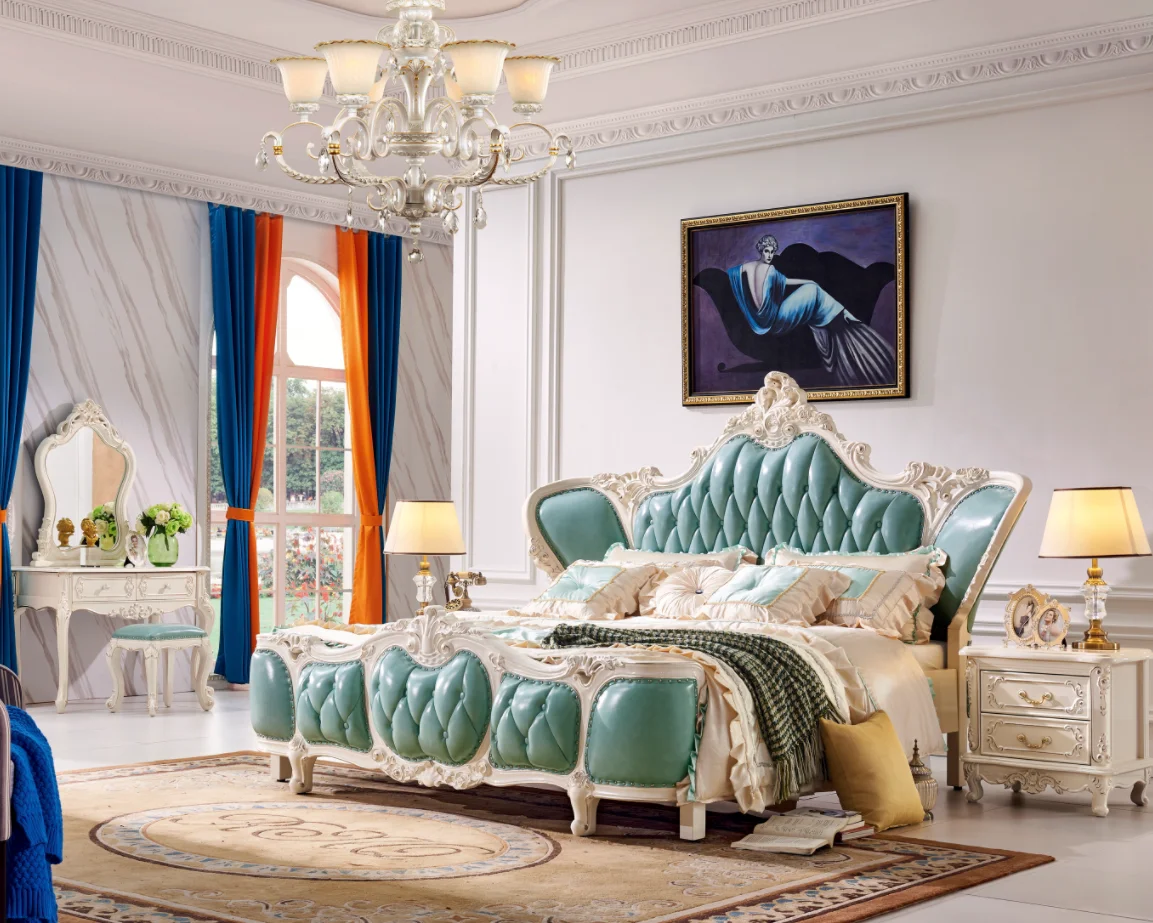 #Luxury Royal French Classic Beech Wood Gold Leaf Italy Fabric Full Bed Bedroom Furniture Set for Apartment & Hotel Use
