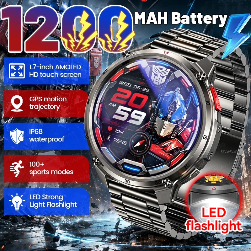 New Built in 1200mAh Large Battery Smart Watch Men Outdoor GPS Compass IP68 Waterproof Bluetooth Call 1.7