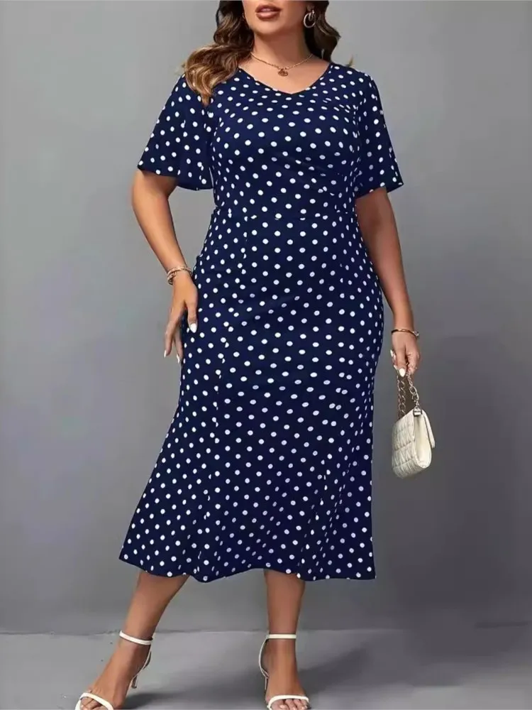 Vestido Midi de talla grande con estampado de lunares para mujer, cintura ajustada, Sexy, plisado con volantes, manga corta