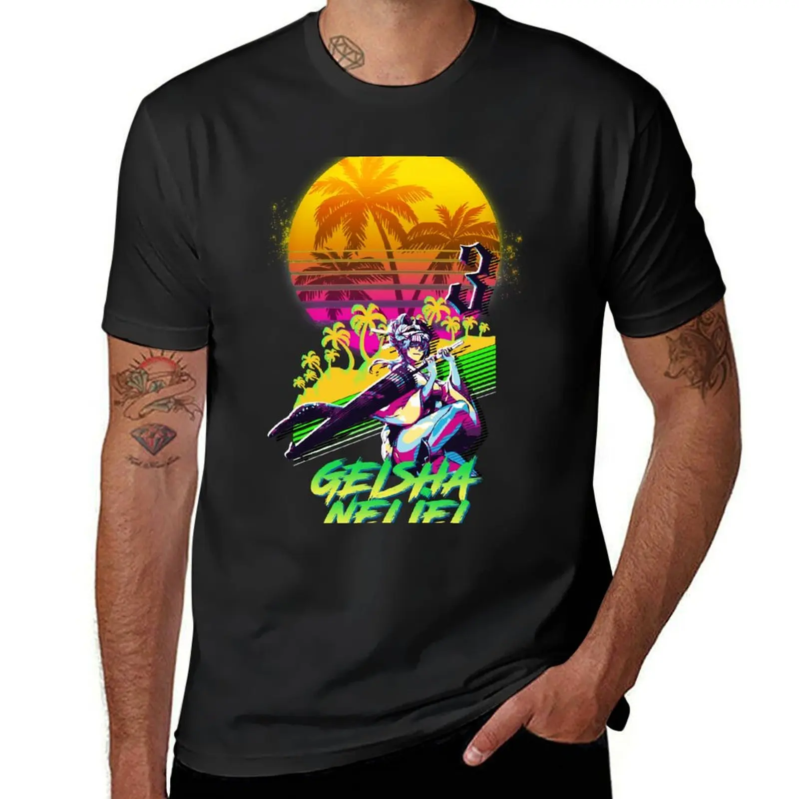 Neliel Tu Oderschvank Geisha 80s Retrowave T-Shirt summer top summer tops tees plain black t shirts men