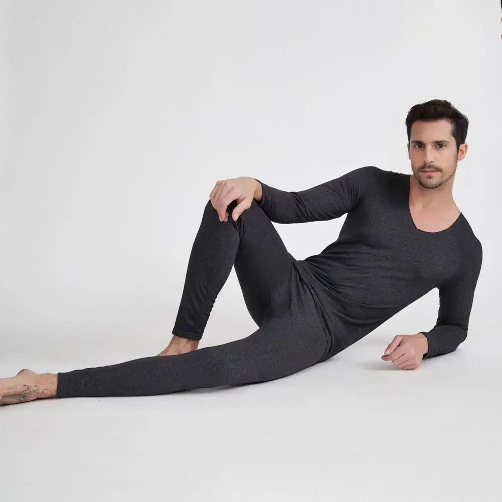 

Pure Color Elastic Men Pajamas Set 2 Pcs/Set Men Thermal Underwear Set For Winter Thick Plush Seamless V Neck Thermal Outfit