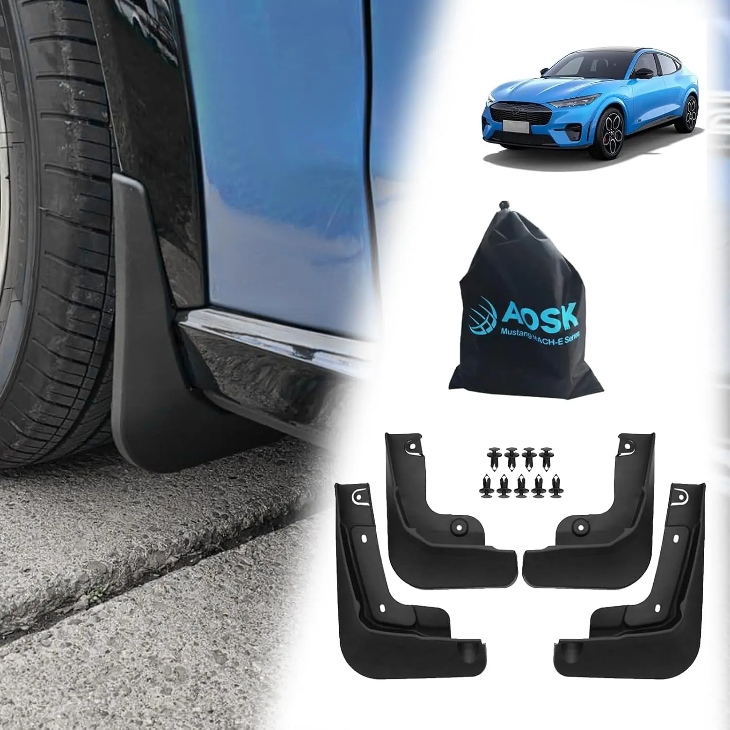 AOSK互換 MusMach E マッドフラップ スプラッシュガード、2021-2025年式、4個セット、穴あけ不要