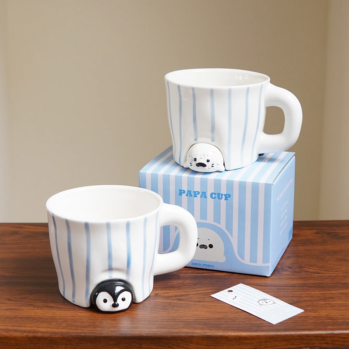 1 Stück Niedliche Pinguin-Keramiktasse, Einfache Gestreifte Kaffeetasse, Exquisit und Ästhetisch Ansprechend, Geeignet für Heimdekoration, Trinkgefäße, Wohnzimmer und Schlafzimmer, Latte-Art-Tasse für