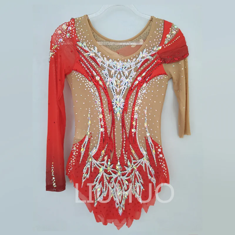 LIUHUO Rhythmic Gymnastics Leotards Girls Performance Emerald Red Print Shiny Rhinestone