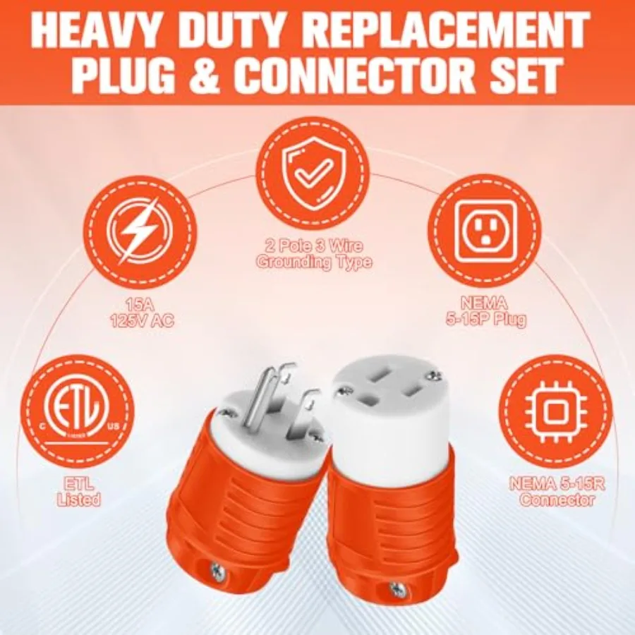 Sherr 16 قطعة تمديد الحبل ينتهي الذكور والإناث 15A 125 فولت 2 القطب 3 سلك 5-15P 5-15R الثقيلة استبدال المكونات والموصل S