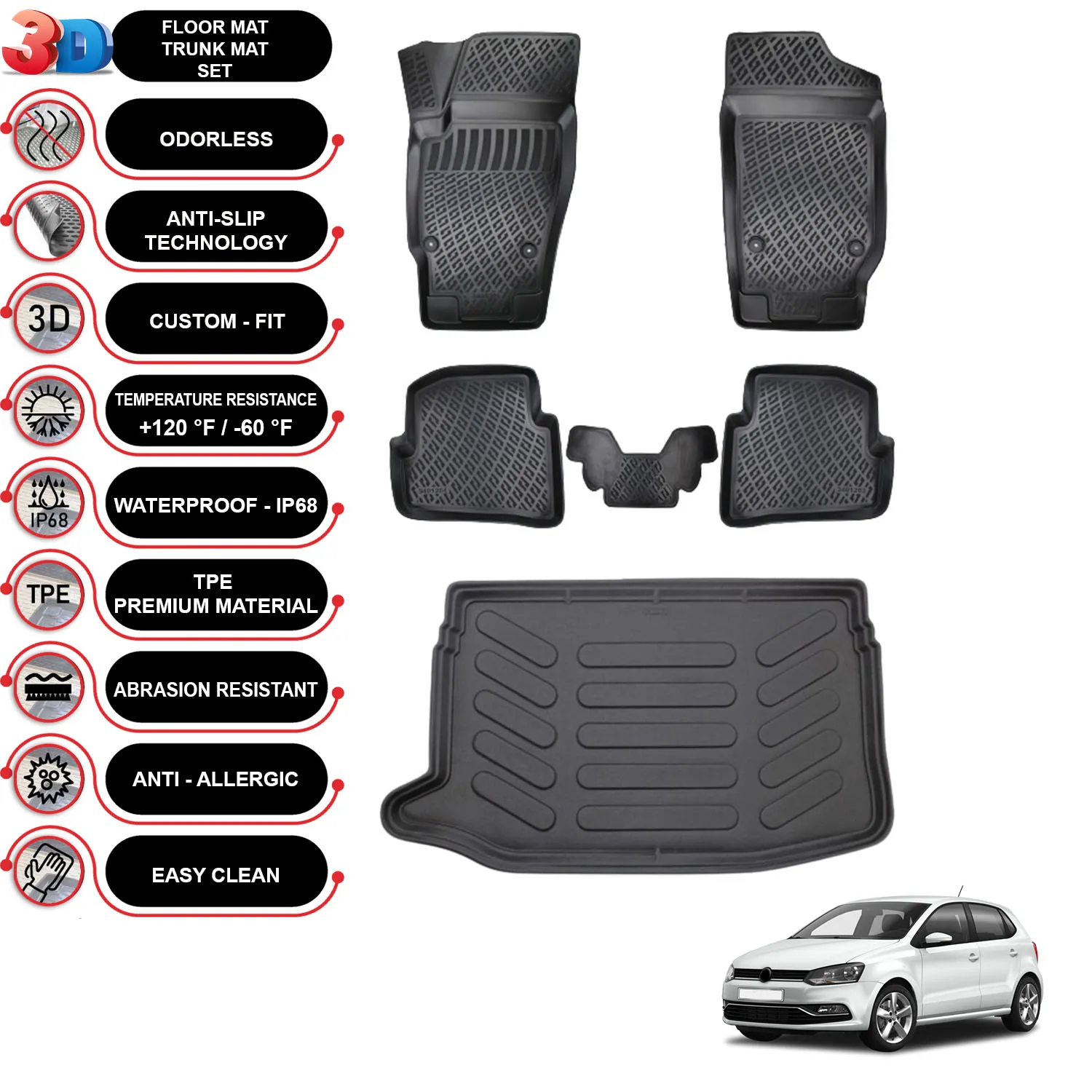 Volkswagen Polo 6R - (2009-2017) - Floor Mats + Cargo Trunk Liner - SET