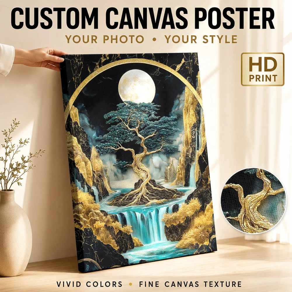 Golden Waterfall Moon Canvas Painting Poster Custom Photo Travel Landscape Wall Art for Living Room Office Decor Ready to Hang