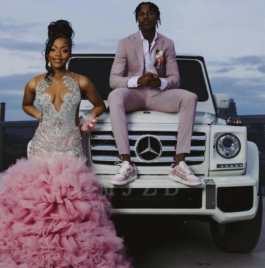 Pink Long Prom Dresses 2025 Luxury Black Girls Bead Rhinestones Ruffles Formal Evening Party Gala Graduation Gowns Customized