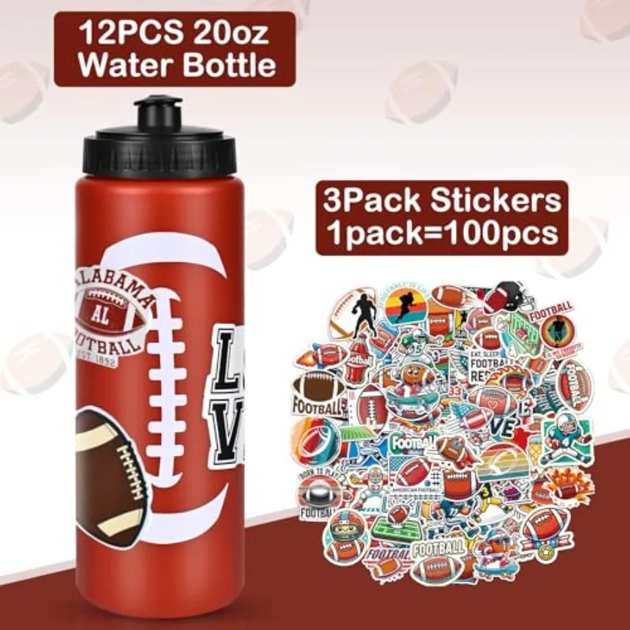 Football Party Favors, 12 Pack Football Water Bottles with 300 PCS Stickers, 20 oz Sports Squeeze Bottle, BPA-Free Reusable Wat