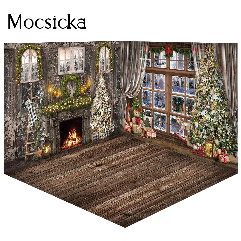 ريفي الخشب عيد الميلاد غرفة خلفية ديكور الشتاء الأسرة صورة التصوير الفوتوغرافي الموقد نافذة الثلوج العجائب خلفية الصورة