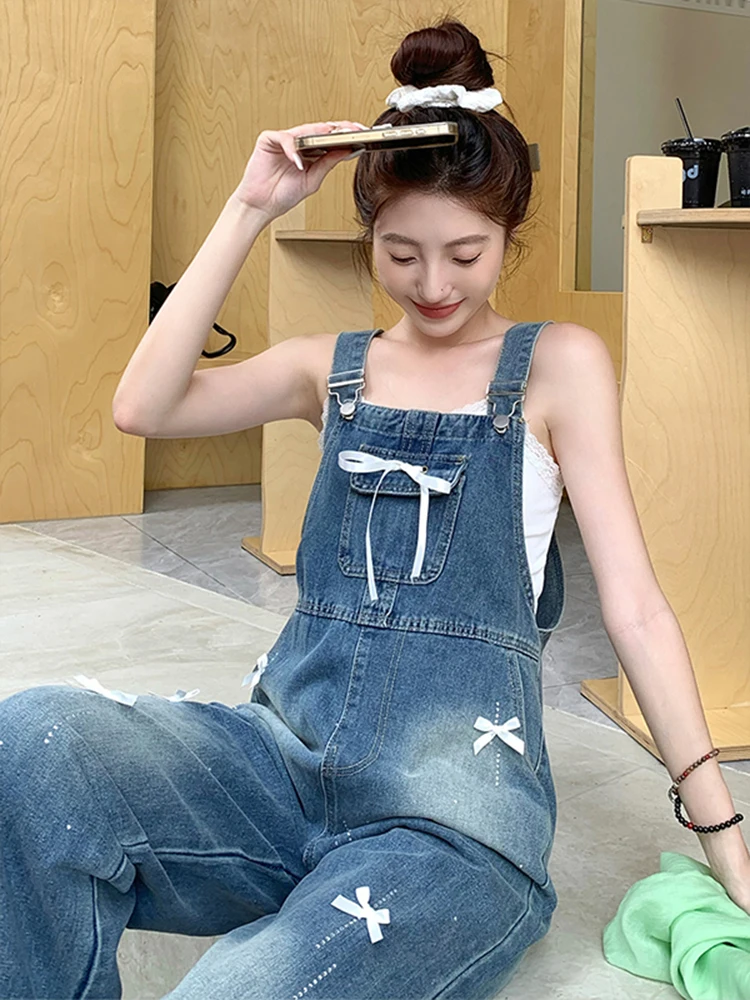 Retro Blue Bow Rhinestone Denim Overalls Women Korean Style Versatile High Waist Wide Leg Jeans New Casual Straight Jumpsuits