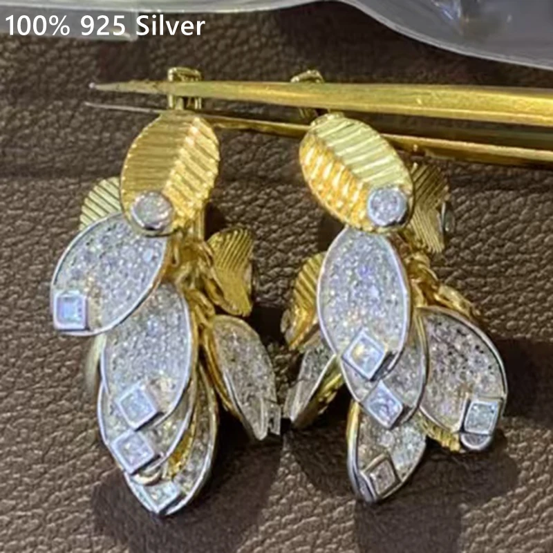 

New Woman 5A Zircon Stone Coffee Bean Shaped Earrings Silver 925 Leaf Drop Earrings 18K Gold Plated Luxury Fine Jewelry