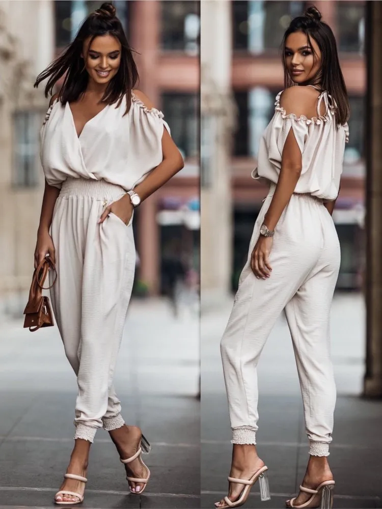 

Summer Jumpsuit Ladies Short Sleeve Solid Color Hollow V Neck Pocket Jumpsuits Elastic Waist 2024 Party Fashion Casual Pants