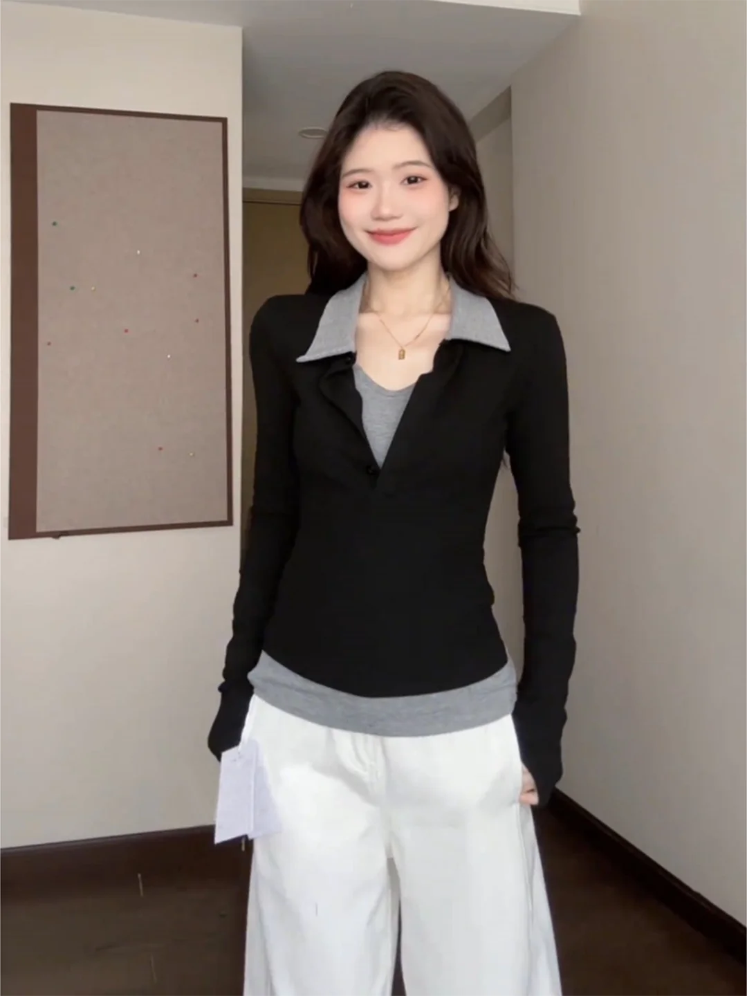 

Spring Early Design Color Colion Splice Slim Fit Long Sve T irt Women's Faionable Top Korean Sle Knitted Dr