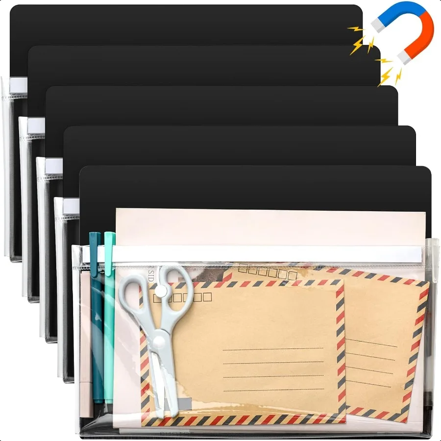

5 Pcs Magnetic File Holder Paper Holder Magnetic Pen Dry Erase Marker Organizer Fridge Pocket Organizer for Whiteboard Refriger