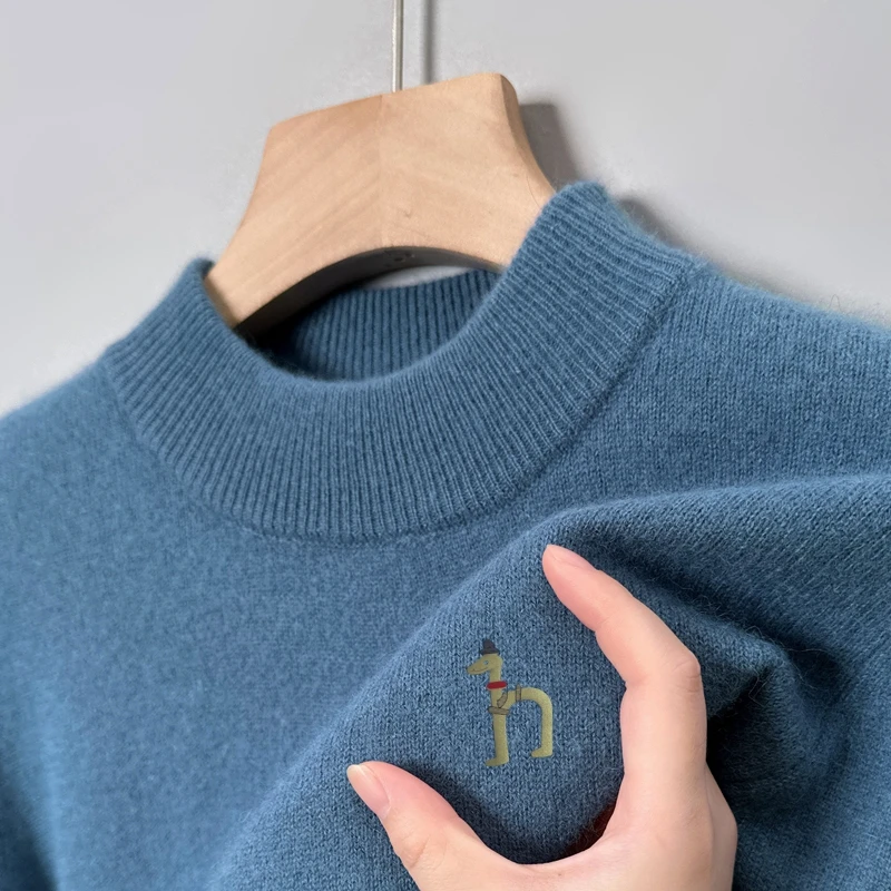 

High Quality Design Men's Knit Sweater Mock Neck Cartoon Pattern Print Pullover Winter Warm Soft Elastic Fashion Casual Menswear