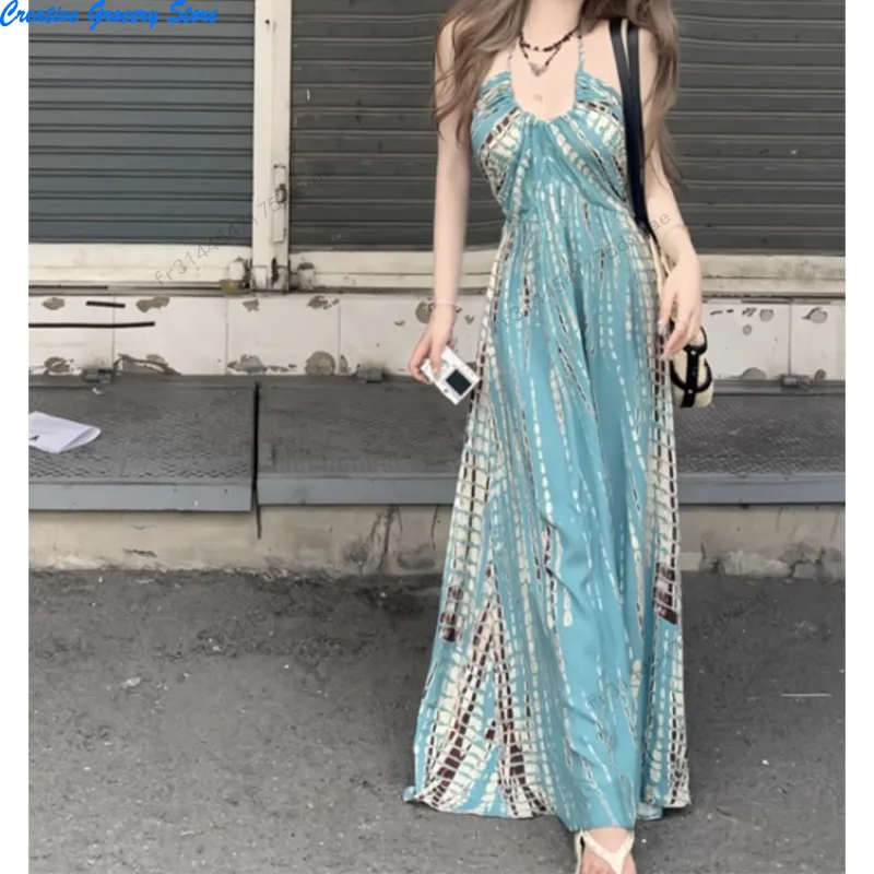 Vestido largo elegante con halter para mujer, sin mangas, espalda descubierta, estampado playero, diseño bohemio, casual para fiesta, playa y vacaciones 2026 3