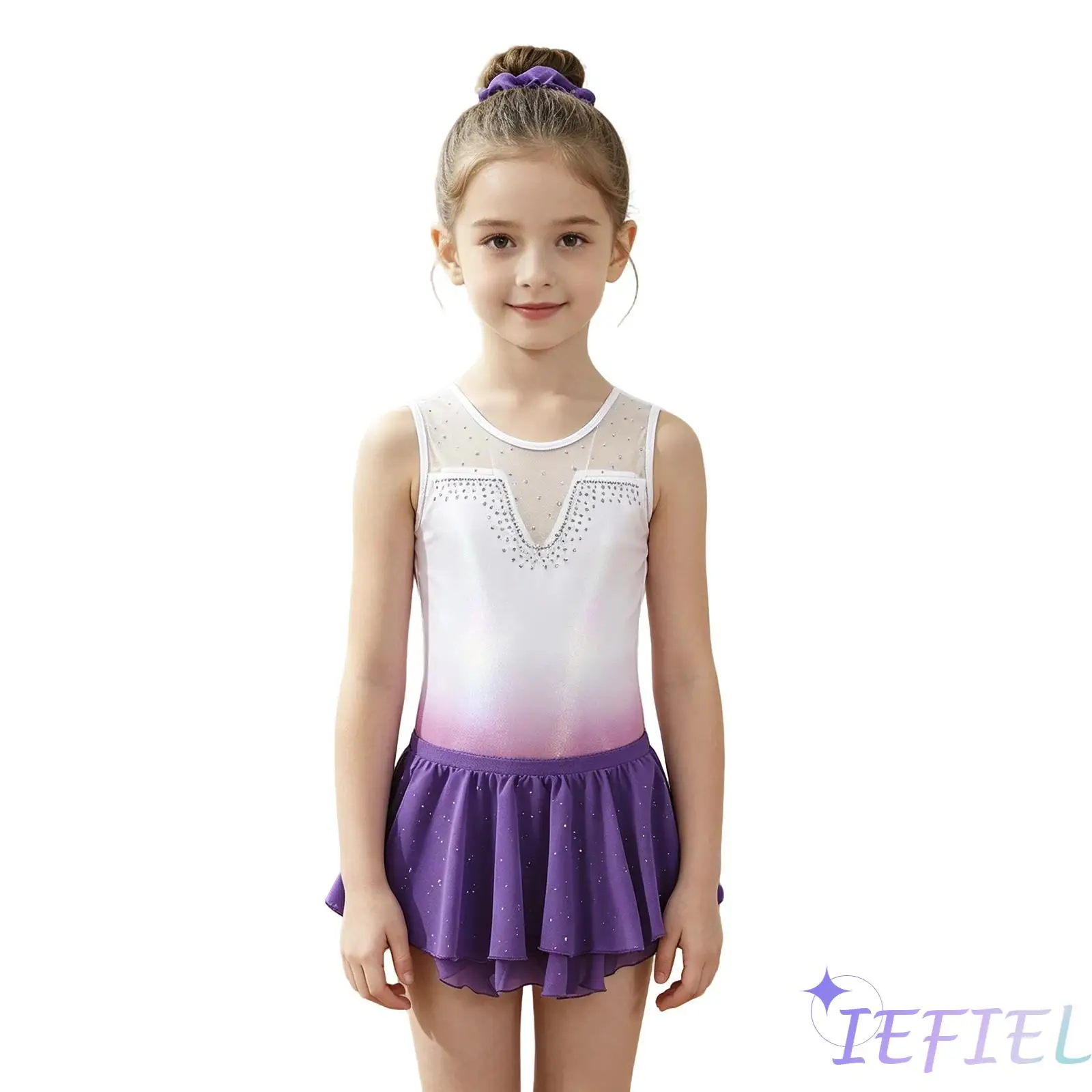 

Shiny Rhinestone Gradient Ballet Leotard for Kids Sleeveless Mesh Patchwork with Skirt and Hairband Gymnastics Lyrical Dancewear