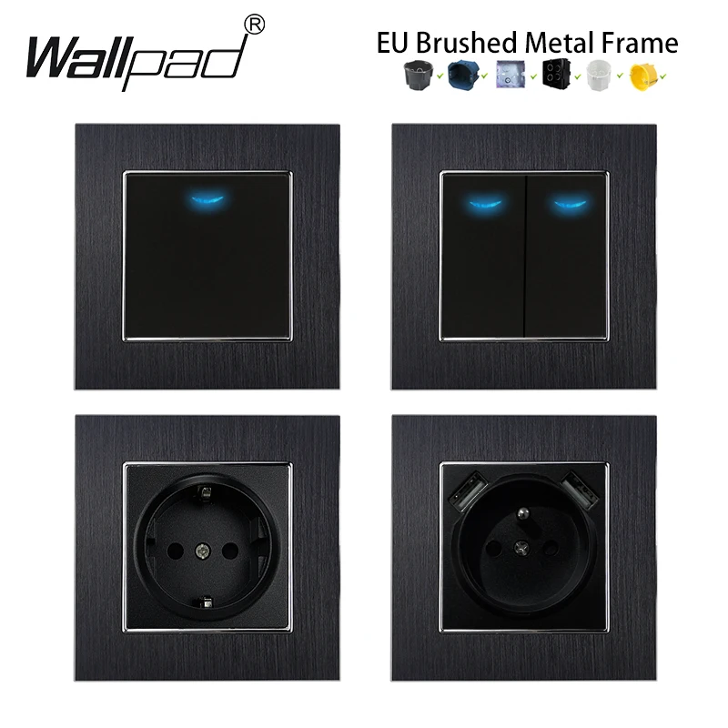 

EU Metal 1 2 3 Gang 1 2 Way Light Switch Black Power Electrical Socket German French Wall Sockets USB Type C Outlet Round Box