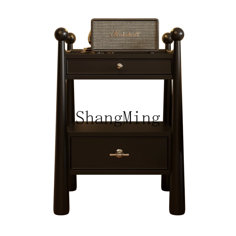 

TF retro all-solid wood bedside table small apartment black bedside shelf household bedroom antique bedside table