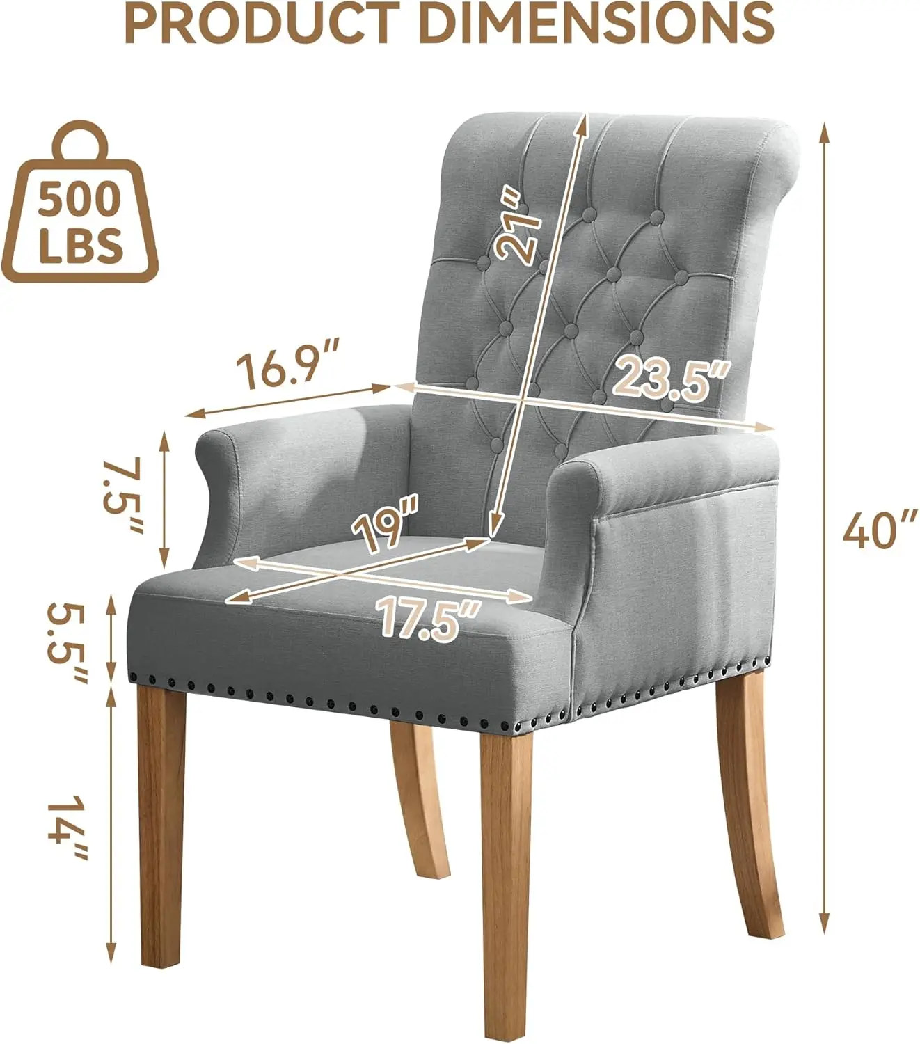 Sedia da pranzo imbottita grigio chiaro con braccioli, schienale alto capitonnè, gambe in legno massello, finiture per unghie – Accento cucina e soggiorno A