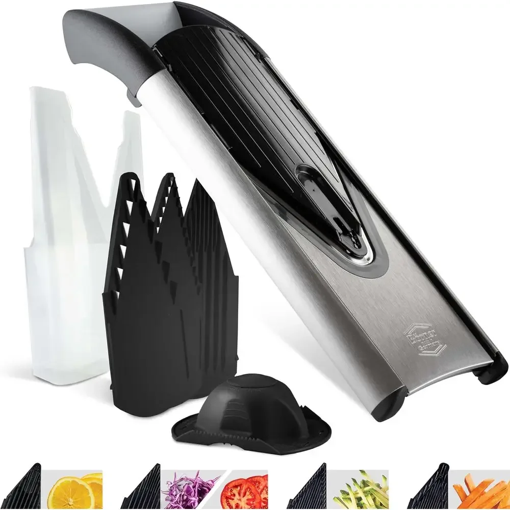 Borner V6 Exclusive Line V-Mandoline Slicer 8-in-1 Pro-Set, StainlSteel Vegetable Cutter with Saety Insert, Slice Insert, 2 Blad