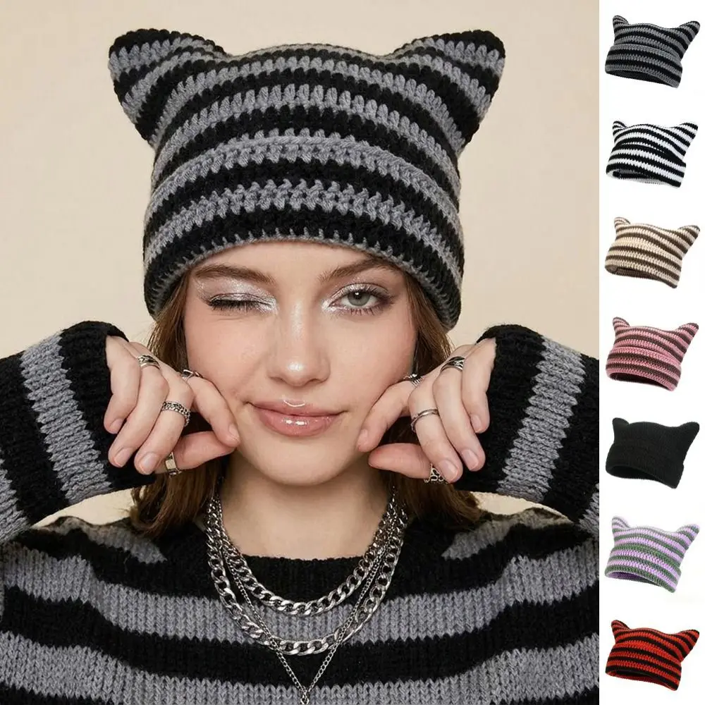 Fashion Y2K Cat Ears Beanie Hats Cute Harajuku Stripe Knitted Hat Streetwear Gothic Little Devil Cap Outdoor