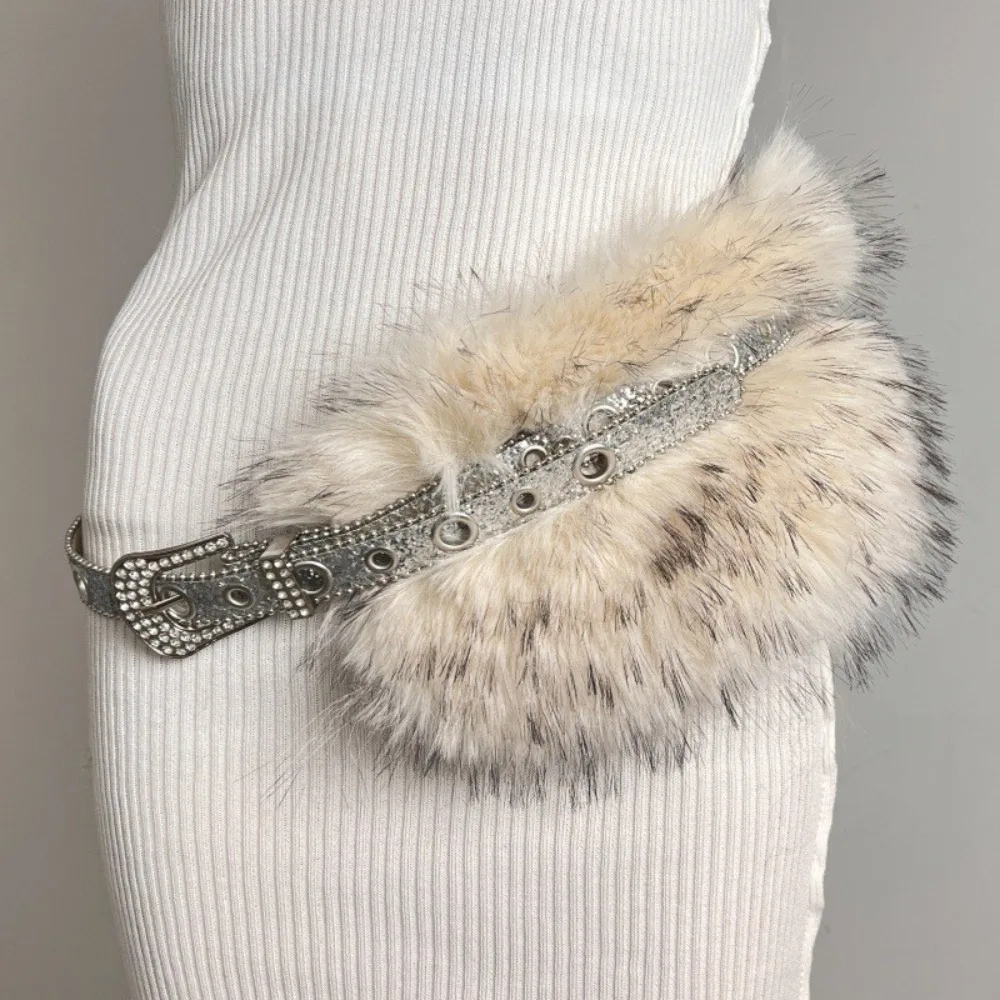 

Fashion Y2K Leather Fur Belt Spicy Girl Style Rhinestone Furry Waistband Korean Style Versatile Plush Waist Belt Daily