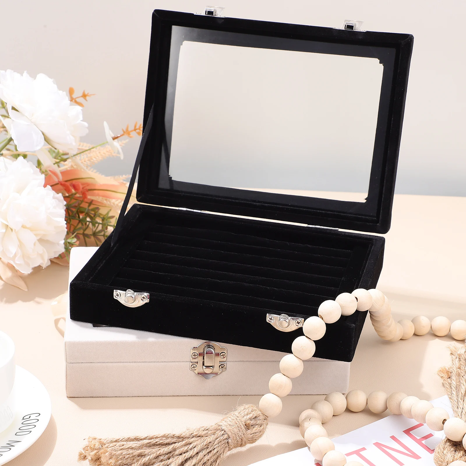 

Premium Ring Organizer Box Jewelry Storage Display Holder Transparent Window Lock Closure Lined Earrings Brooches Cufflinks