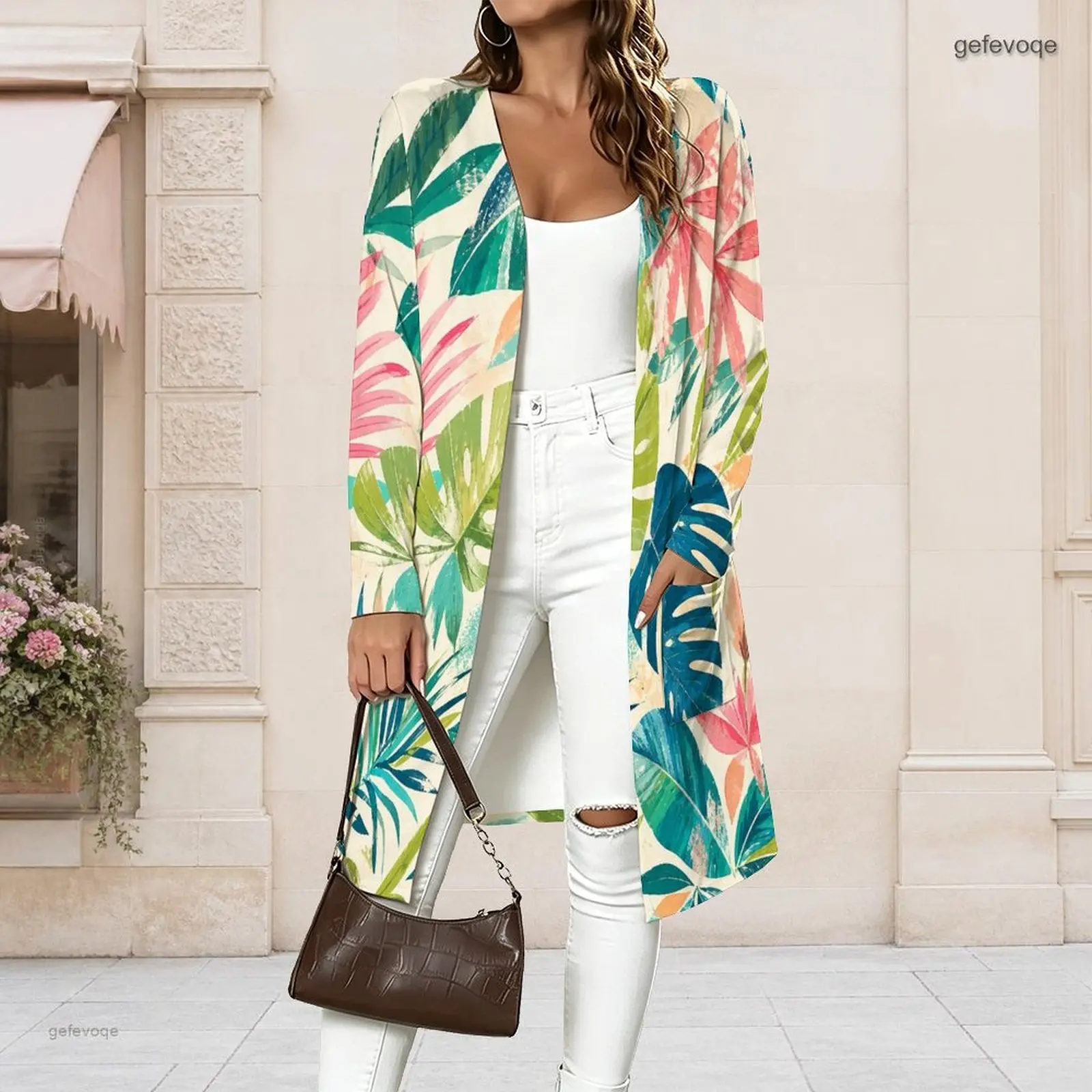 Women Printed Cardigan Long Sleeve Open Front Longline Straight Hem
