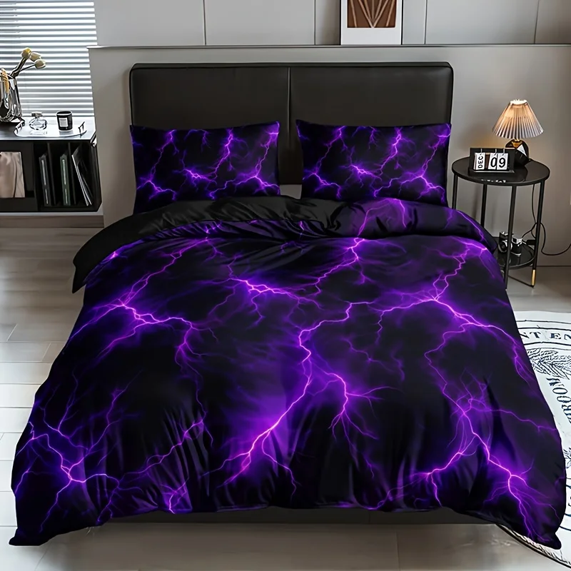 3 purple lightning line duvet cover set (1 duvet cover 2 pillowcases without pillow core), high-definition printing for home D