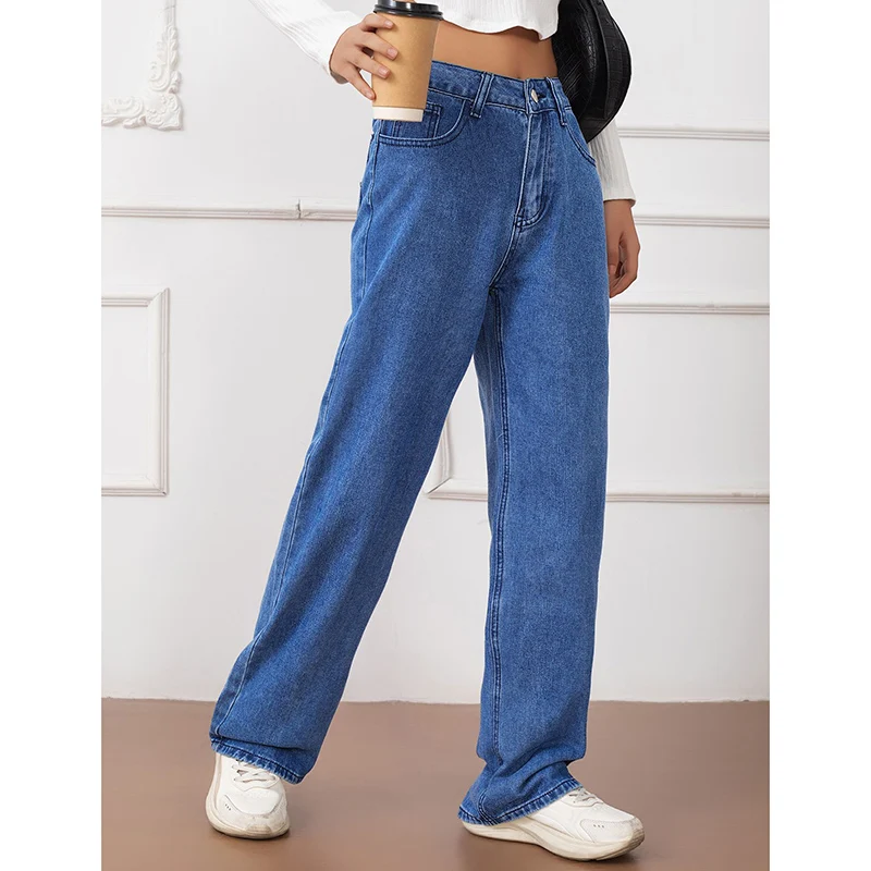 المرأة الكلاسيكية فضفاض مستقيم الساق الجينز الإناث الكورية عالية الخصر رقيقة سراويل جينز الفتيات الكورية موضة السراويل الطويلة الزرقاء #5