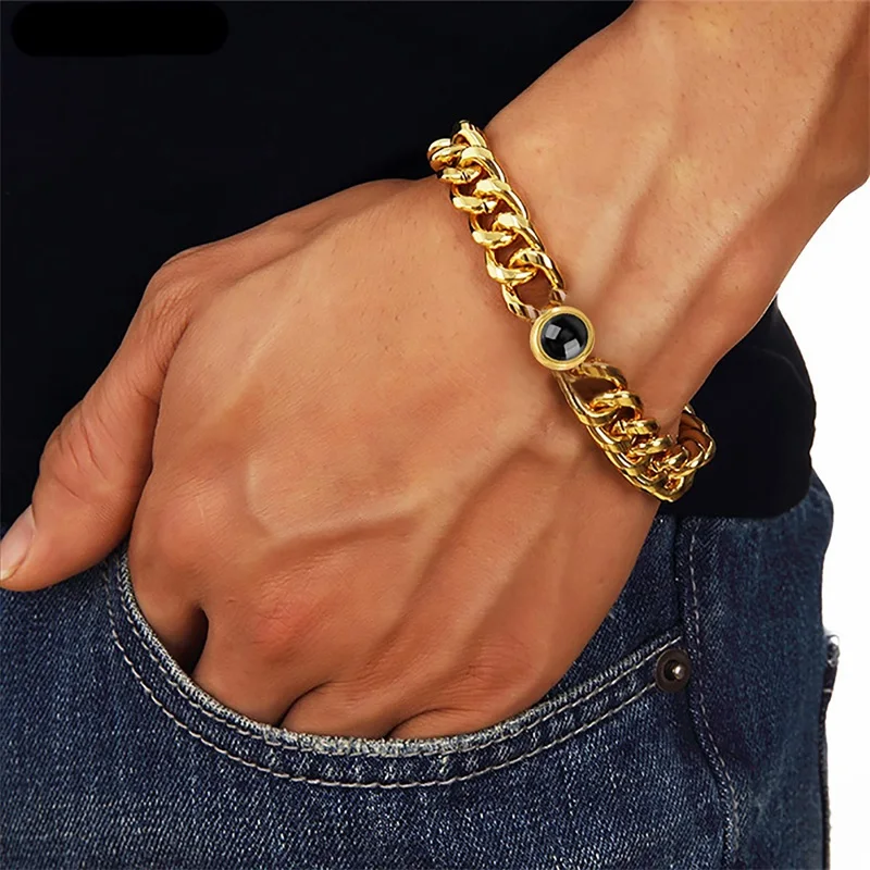 Personalisiertes Armband mit Bild im Inneren, Titan-Stahl Kubanische Gliederkette Armband mit Individueller Fotoprojektion für Männer und Frauen – Detail 9