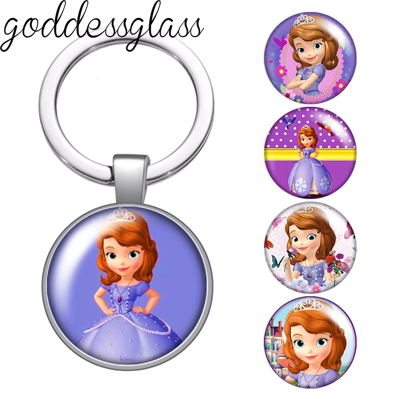 Disney Princess Sofia purple Girls Photo glass cabochon keychain Bag Car key chain Ring Holder Charms keychains gift